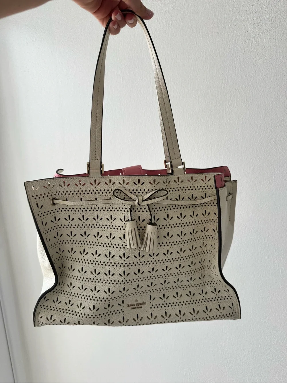 kate spade Cream Tote with Pink Interior and Tassel Detail